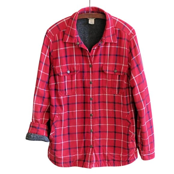 Duluth Free Swingin' Red Plaid Fleece Lined Snap Front Shirt Jacket Shacket Sz L - Picture 2 of 12